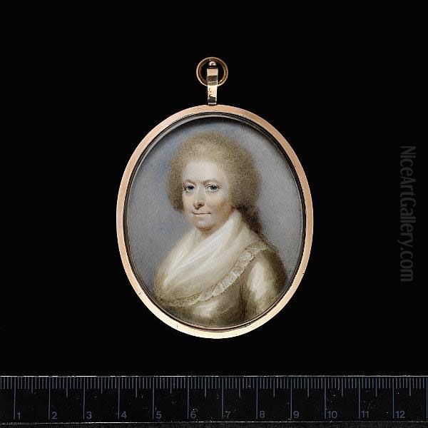 A Lady, Wearing White Dress With Lace Edged Fichu, Her Hair Curled And Powdered. - view 1