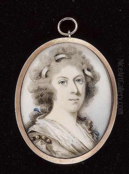A Lady, Wearing White Dress, Spotted White Fichu, Gold Beaded Bands Over Her Shoulders, White And Blue Ribbons In Her Powdered Hair. - view 1
