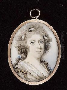 A Lady, Wearing White Dress, Spotted White Fichu, Gold Beaded Bands Over Her Shoulders, White And Blue Ribbons In Her Powdered Hair. by Abraham Daniel