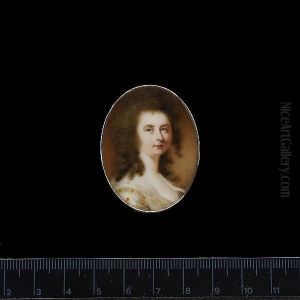 A Lady, Wearing White Silk Dress Decorated With Yellow Floral Motif, White Fichu And Ribbon In Her Chestnut Hair. by Joseph Daniel