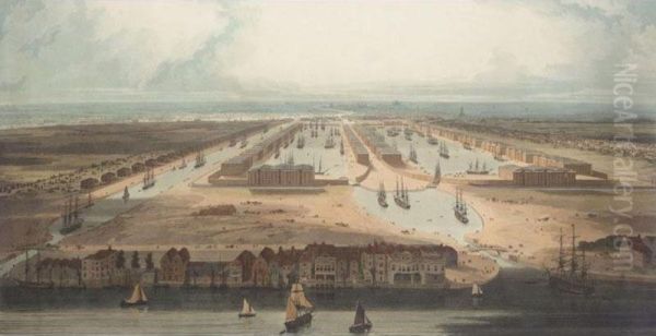 A View Of The London Dock; A View Of The East India Docks; An Elevated View Of The New Docks An Warehouses On The Isle Of Dogs - view 1