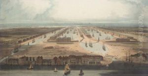A View Of The London Dock; A View Of The East India Docks; An Elevated View Of The New Docks An Warehouses On The Isle Of Dogs by William Daniel