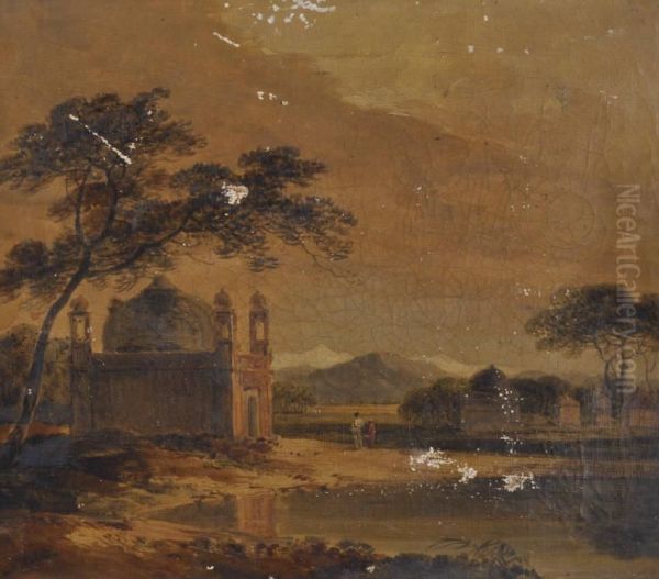 Figures Beside An Indian Temple In Extensive Mountain Landscape - view 1