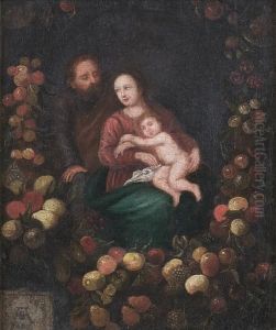 The Holy Family, Within A Garland Offruit by Andries Daniels or Danielsz