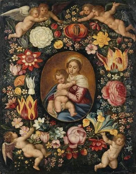 Vierge A L'enfant Dans Une Couronne De Fleurs Soutenues Par Des Putti - view 1