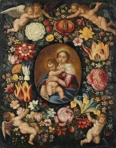 Vierge A L'enfant Dans Une Couronne De Fleurs Soutenues Par Des Putti by Andries Daniels or Danielsz