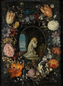 Saint Bernard In Prayer Surrounded By Agarland Of Flowers