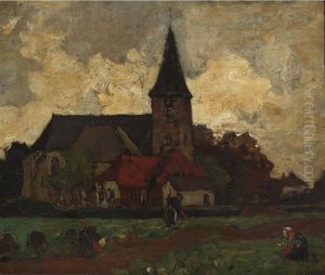 Fieldworkers Sowing And Reaping Outside A Church by Charles Dankmeijer