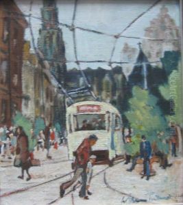 Turner: City Centre Scene With Figures And Trams, 8.5" X7.5", Framed by William Turner Dannat