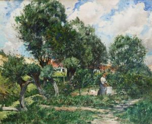Summer Landscape With Woman Hanging The Washing