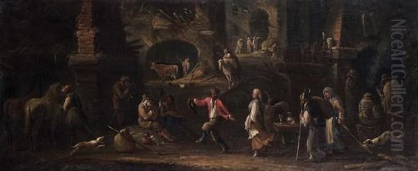 Scena Popolare Con Soldati All""osteria, Giovane Che Conduceuna Capra E Figure Presso Una Fontana; - view 1