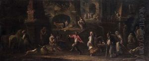 Scena Popolare Con Soldati All""osteria, Giovane Che Conduceuna Capra E Figure Presso Una Fontana; by Ernesto, Monsu Daret