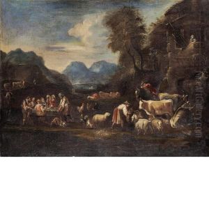 Paesaggio Montano Con Armenti E Una Cena