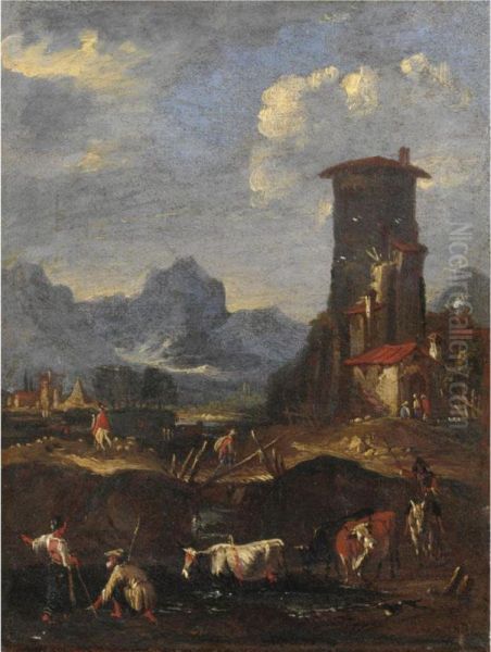 Paesaggio Con Contadini E Animali, Un Villaggio Sulla Destra - view 1