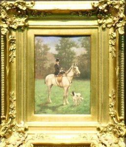 Portrait Of A Woman Astride Her Horse With Her Dog