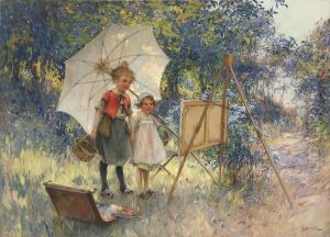 Enfants Au Jardin Contemplant Le Tableau Du Pere.