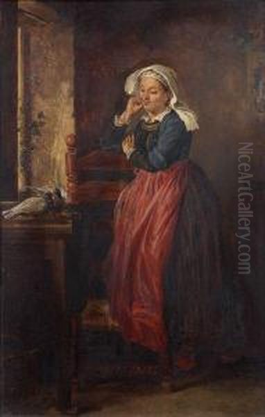Jeune Paysanne Songeuse Devant Un Couple De Colombes - view 1