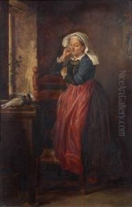 Jeune Paysanne Songeuse Devant Un Couple De Colombes