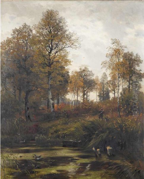 Woodland Scene With A Hunter And His Dog - view 1
