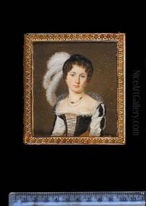 A Young Lady, Wearing Black Laced Bodice Over White Dress With Sleeves Slashed To Reveal Black And Lace Collar, Striped Ochre-coloured Skirt, Jewelled Necklaces, Pearl Earrings And Black Velvet Bonnet Trimmed With Large White Ostrich Feathers . by Amelie, Nee Dautel Daubigny