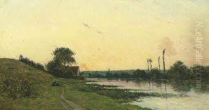 Maison Au Bord De La Riviere, Au Coucher Du Soleil by Charles Amelie Daubigny
