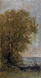 Paysage A La Barque Et Grand Arbre by Karl Pierre Daubigny