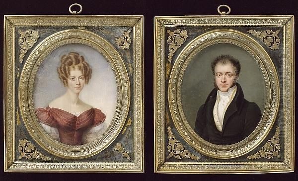 A Pair Of Portraits Of A Lady And Gentleman: She, Wearing Crimson Dress With White Gauze Sleeves, Her Auburn Hair In Ringlets; He, Wearing Dark Green Coat With Black Collar, Yellow Waistcoat And White Cravat Held With Stickpin - view 1