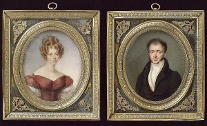 A Pair Of Portraits Of A Lady And Gentleman: She, Wearing Crimson Dress With White Gauze Sleeves, Her Auburn Hair In Ringlets; He, Wearing Dark Green Coat With Black Collar, Yellow Waistcoat And White Cravat Held With Stickpin by Pierre Daubigny