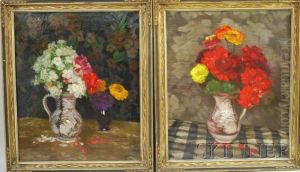 Pair Of Still Lifes Of Summer Flowers by Georg Daubner