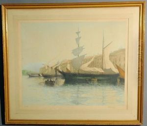 A Sailing Ship And Dinghies In Port by Eugene Baptiste E. Dauphin
