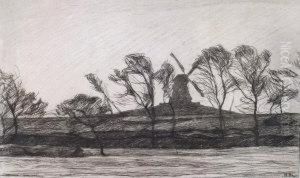 Windmill And Wind Swept Trees by Hermann Daur