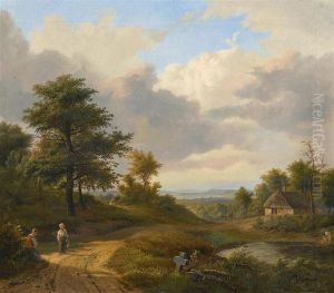 Walkers On The Edge Of A Path I A Broad Landscape by Jean-Baptiste Davelooze