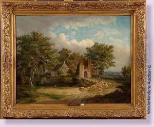 Berger Et Son Troupeau Pres D'une Chapelle En Ruines by Jean-Baptiste Davelooze