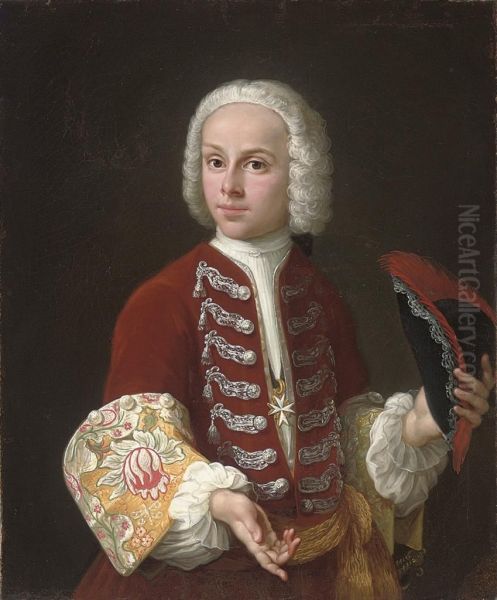 Portrait Of A Youth Of The Order Of Malta, Half-length, In A Redvelvet Coat With Silver Frogging And Embroidered Cuffs, And Amedallion Of The Order Of Malta, A Tricorn In His Left Hand - view 1