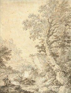 Paysans Pres D'une Cascade, Au Pied D'un Chateau En Ruine by Joseph Antoine David De Marseille