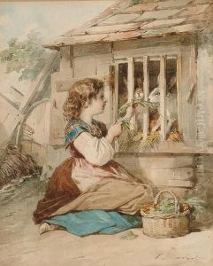 Girl Feeding Rabbits In A Hutch by Ferdinand David