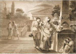 A Classical Scene With A Vestal Virgin Making An Offering On A Sarcophagus by Giovanni David