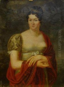 Length In A Green Dress, Red Shawl And Hair Ornament, With A Landscape Beyond by Jacques Louis David