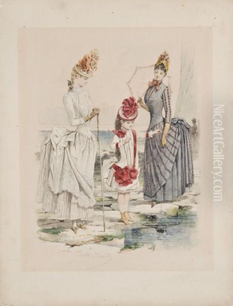 Deux Elegantes Et Une Jeune Fille Sur La Greve - view 1