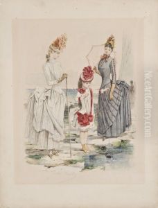 Deux Elegantes Et Une Jeune Fille Sur La Greve by Jules David