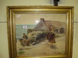 Fisherman Mending Nets Flanked By Girl With Basket And Cottage by Alexander Davidson