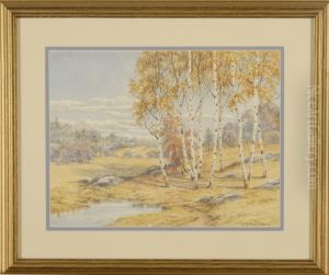 Fall River Landscape With Stand Of Birches In Foreground by Charles Grant Davidson