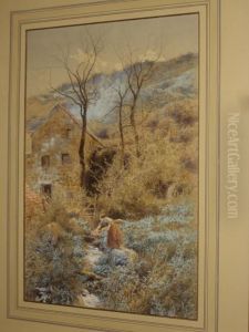 Woodland Cottage With Young Maid Before Fetching Water From A Stream