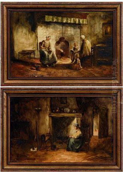 Oil On Porcelain: Woman With Bellows Tending Fire - view 1