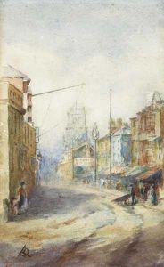 Street Scene With View Of Clock Tower by Lilian Lucy Davidson