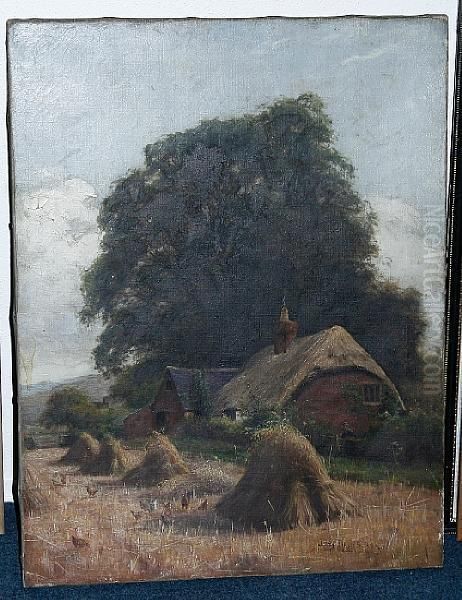Thatched Cottage With Haystacks And Chickens - view 1