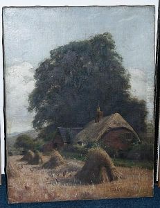 Thatched Cottage With Haystacks And Chickens