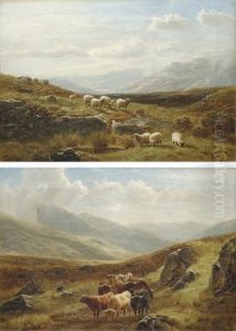 Sheep Grazing In A Highland Landscape; And Cattle Watering In Ahighland Landscape by William Davies