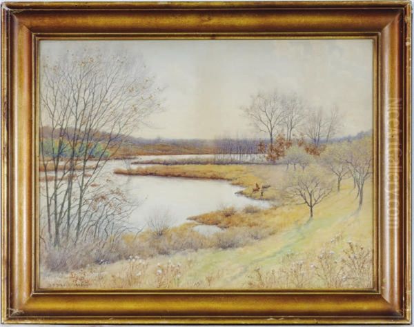 Late Autumn Afternoon By The Riverbank; And A Companiondrawing - view 1