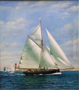 Sailing Yacht With Lighthouse by F. Davis